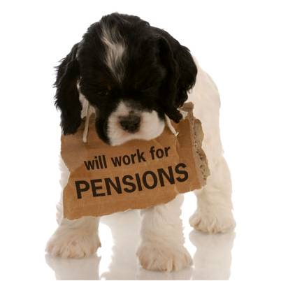 puppy with pension sign